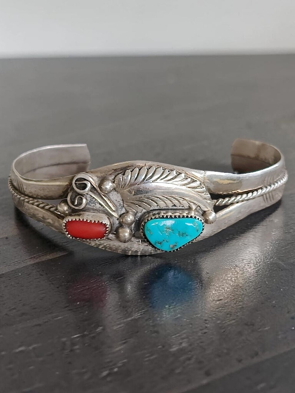 Vintage Sterling Silver Turquoise And Coral Cuff Bracelet